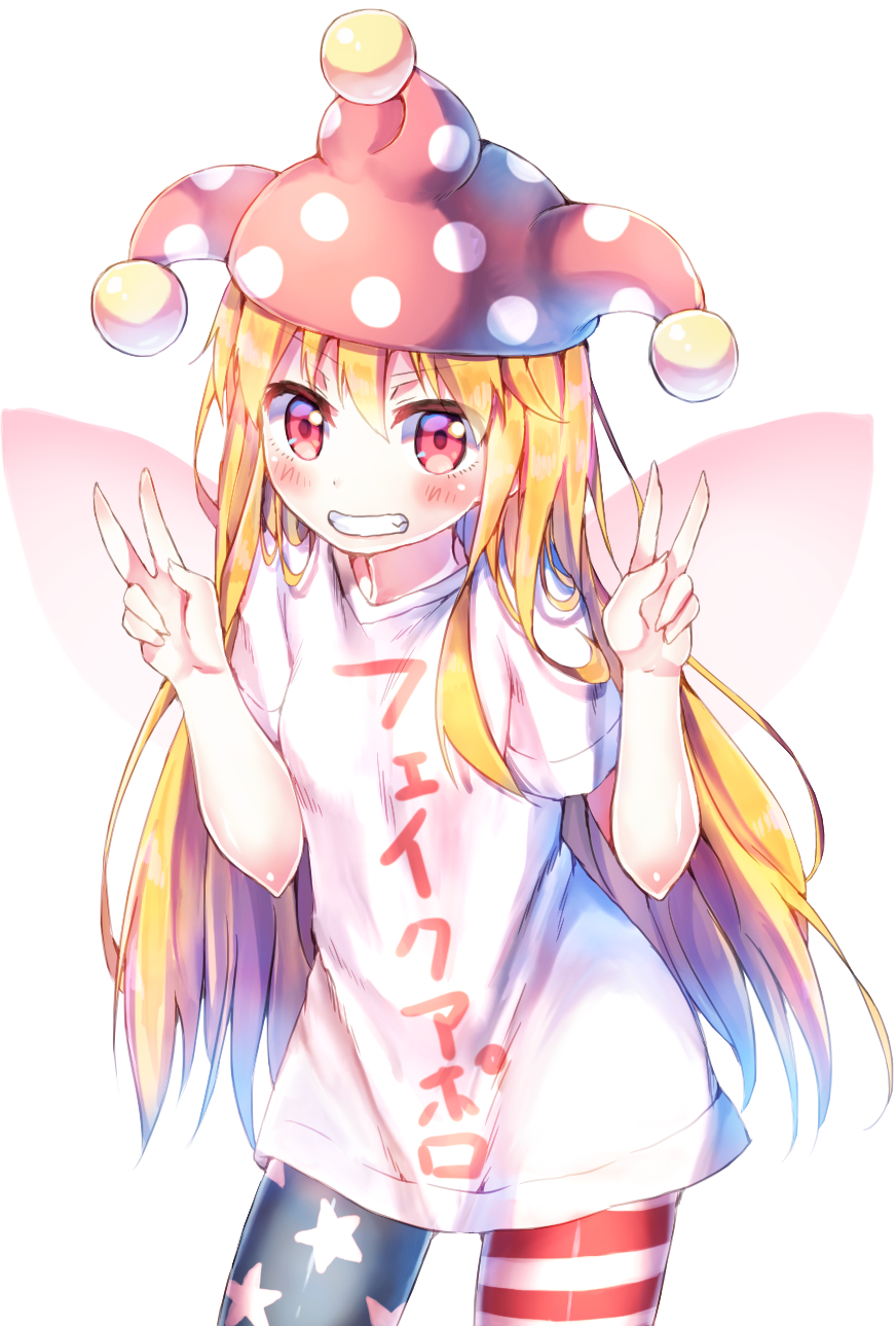 1girl american_flag_legwear blonde_hair clothes_writing clownpiece cowboy_shot double_v fairy_wings grin hat highres jester_cap long_hair looking_at_viewer pantyhose polka_dot re-ka red_eyes shirt simple_background smile solo star star_print striped touhou v white_background white_shirt wings