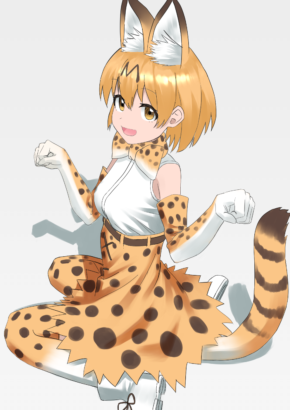 1girl :d animal_ears bare_shoulders boots bow bowtie breasts brown_eyes commentary elbow_gloves eyebrows_visible_through_hair from_side full_body gloves grey_background high-waist_skirt highres kemono_friends looking_at_viewer looking_up medium_breasts open_mouth orange_hair paw_pose serval_(kemono_friends) serval_ears serval_print serval_tail shadow shirt short_hair simple_background sitting skirt sleeveless sleeveless_shirt smile solo striped_tail tail wariza wasabi60 white_boots white_shirt