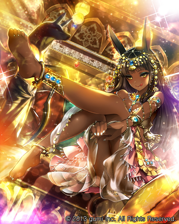 1girl black_hair blush breasts cleavage company_name dark_skin eu_(euspia) eyebrows_visible_through_hair jewelry large_breasts long_hair looking_at_viewer maboroshi_juuhime smile solo tongue tongue_out yellow_eyes