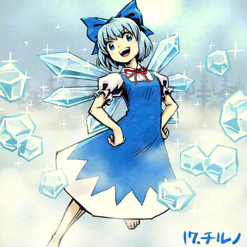 1girl barefoot blue_bow blue_dress blue_eyes blue_hair bow cirno dress hair_bow ice ice_wings looking_at_viewer lowres meitei puffy_short_sleeves puffy_sleeves red_ribbon ribbon short_hair short_sleeves smile solo teeth touhou wings