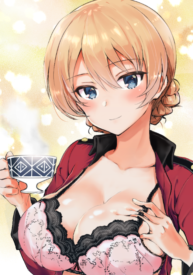 1girl blonde_hair blue_eyes blush bra braid breasts chacharan closed_mouth collarbone commentary_request cup darjeeling deep_skin epaulettes eyebrows_visible_through_hair girls_und_panzer grabbing_own_breast hair_between_eyes hand_on_own_chest head_tilt holding holding_cup jacket lace lace-trimmed_bra large_breasts long_sleeves looking_at_viewer military_jacket open_clothes open_jacket pink_bra red_jacket short_hair smile solo st._gloriana's_military_uniform steam tea teacup tied_hair underwear upper_body