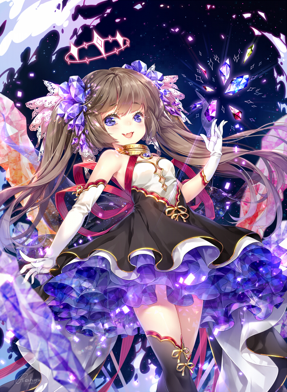 1girl 2017 :d artist_name asymmetrical_gloves black_legwear blurry bow_legwear breasts brown_hair commentary cowboy_shot crystal depth_of_field dress elbow_gloves eyebrows_visible_through_hair fang gloves hair_ribbon halo hieihirai lace layered_dress light_particles long_hair looking_at_viewer magical_girl open_mouth original ribbon sleeveless sleeveless_dress small_breasts smile solo thigh-highs twintails violet_eyes white_gloves zettai_ryouiki