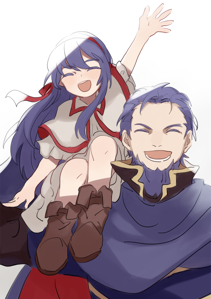 1boy 1girl armor beard blue_eyes blue_hair blush cape dress facial_hair father_and_daughter fire_emblem fire_emblem:_fuuin_no_tsurugi fire_emblem:_rekka_no_ken hat hector_(fire_emblem) lilina long_hair open_mouth short_hair simple_background smile younger