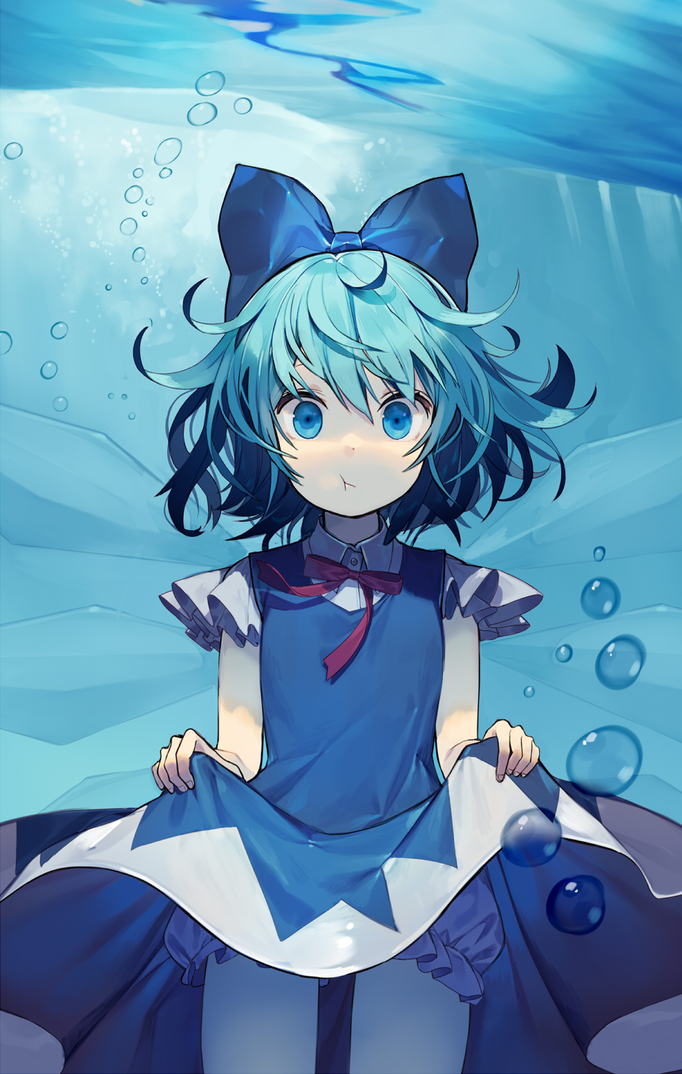 1girl :t air_bubble bangs bare_arms bloomers blue_bow blue_dress blue_eyes blue_hair bow cirno closed_mouth commentary_request cowboy_shot dress dress_lift hair_bow highres ice ice_wings lifted_by_self looking_at_viewer misoni_comi short_hair short_sleeves solo touhou underwater underwear wings