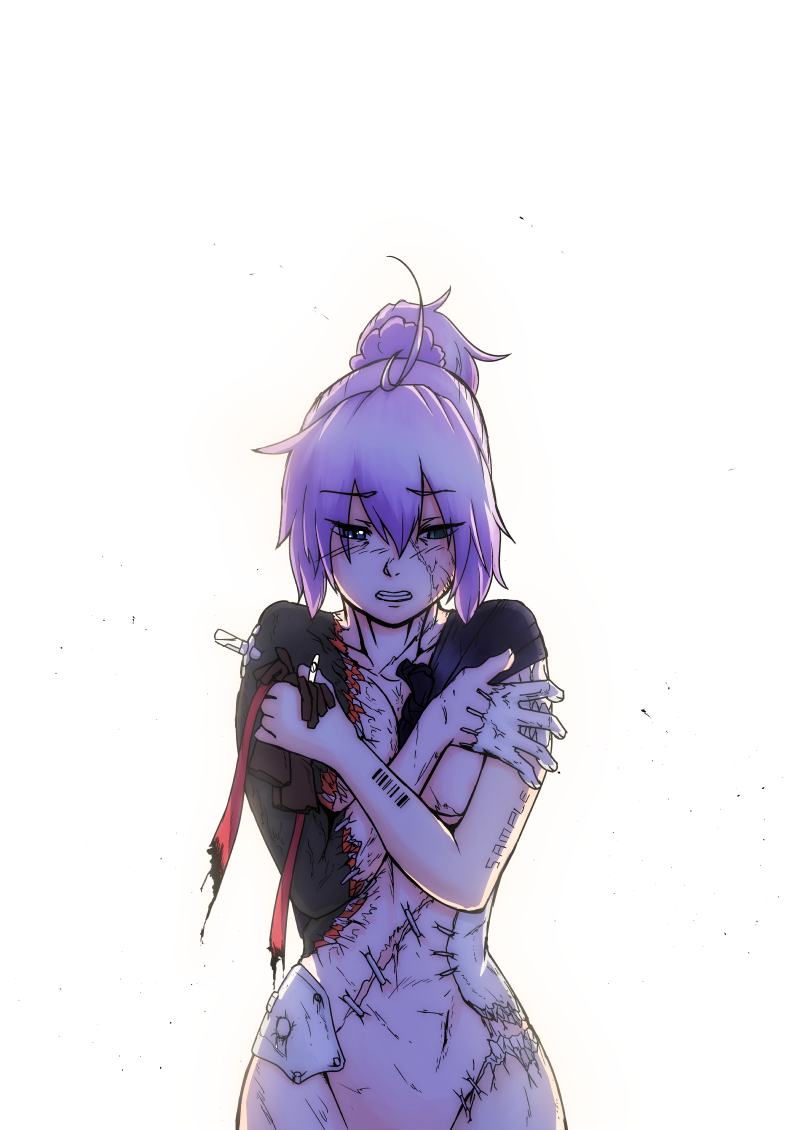 1girl amefurashi aoba_(kantai_collection) blue_eyes kantai_collection messy_hair pale_skin pink_hair ponytail scared scrunchie self_hug shinkaisei-kan short_hair single_empty_eye solo stitches upper_body