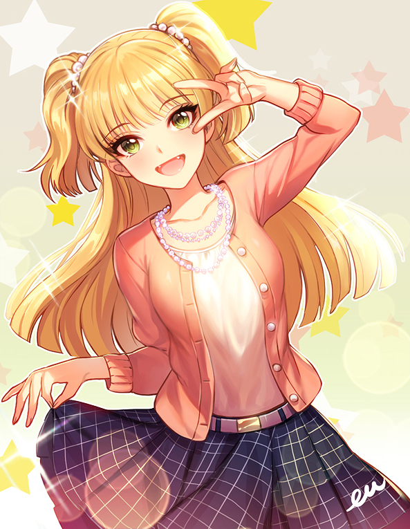 1girl :d artist_name bangs belt blonde_hair blue_skirt blunt_bangs breasts buttons casual commentary_request cowboy_shot eu_(euspia) eyebrows_visible_through_hair fangs green_eyes hair_ornament idolmaster idolmaster_cinderella_girls jewelry jougasaki_rika long_hair long_sleeves looking_at_viewer necklace open_mouth pink_belt pink_jacket shirt signature skirt skirt_hold small_breasts smile solo sparkle standing star two_side_up v_over_eye white_shirt