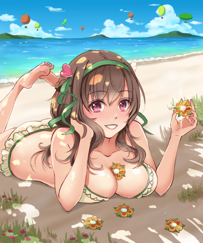 1girl beach between_breasts bikini breasts brown_hair cleavage collarbone day flower flower_knight_girl green_hairband hair_ornament heart_hair_ornament kusumoto_miya large_breasts looking_at_viewer nazuna_(flower_knight_girl) red_eyes short_hair smile solo swimsuit white_bikini