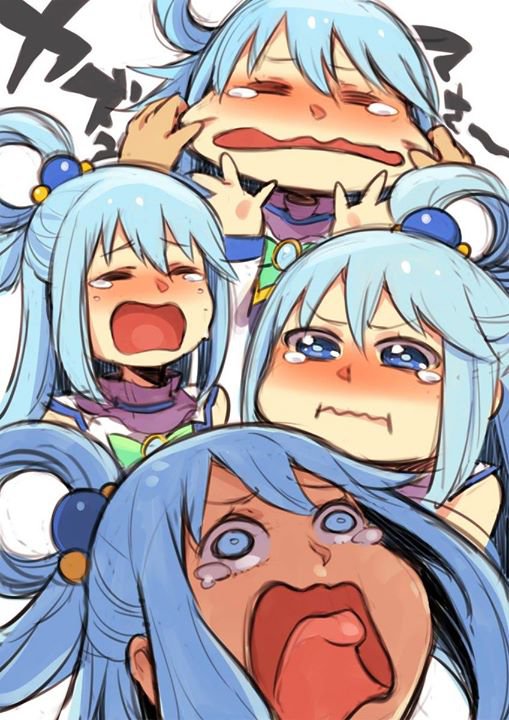 1girl aqua_(konosuba) blue_eyes blue_hair cheek_pull crying crying_with_eyes_open kono_subarashii_sekai_ni_shukufuku_wo! open_mouth screaming source_request tears