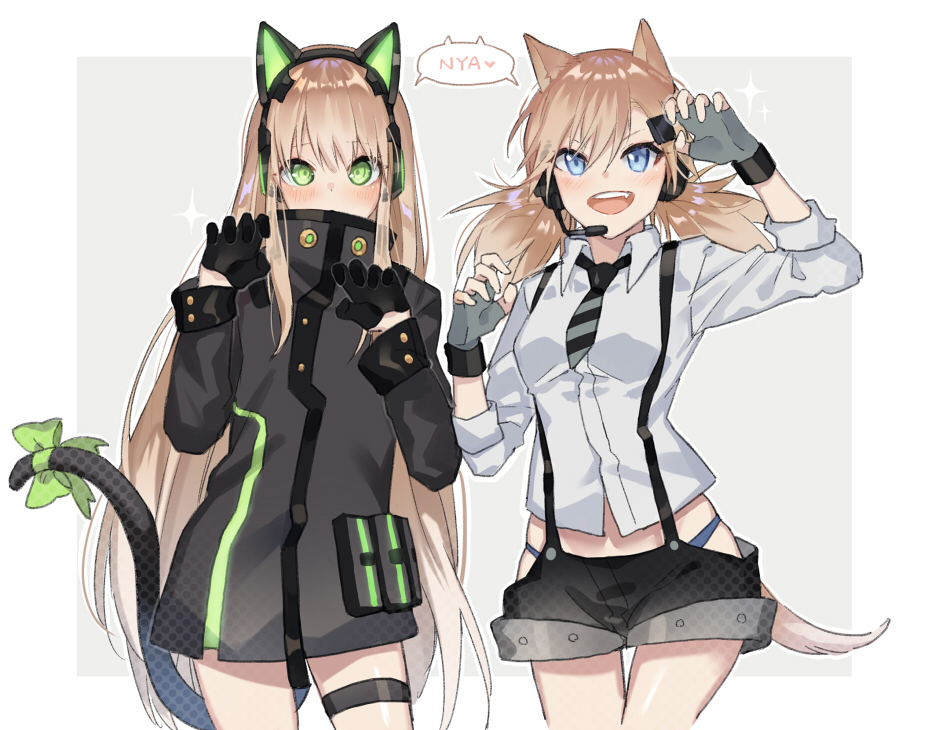 &gt;:d 2girls :d a821 arm_up bangs black_gloves black_shorts blonde_hair blue_eyes blue_panties bow brown_hair cat_ear_headphones cat_tail cowboy_shot fingerless_gloves girls_frontline gloves green_bow green_eyes green_ribbon grey_gloves hair_between_eyes half_gloves hands_up headphones idw_(girls_frontline) jacket long_hair looking_at_viewer multiple_girls open_mouth panties paw_pose ribbon short_shorts shorts sleeves_rolled_up smile sparkle speech_bubble suspender_shorts suspenders tail tail_bow tail_ribbon teeth thigh_strap tmp_(girls_frontline) twintails underwear very_long_hair