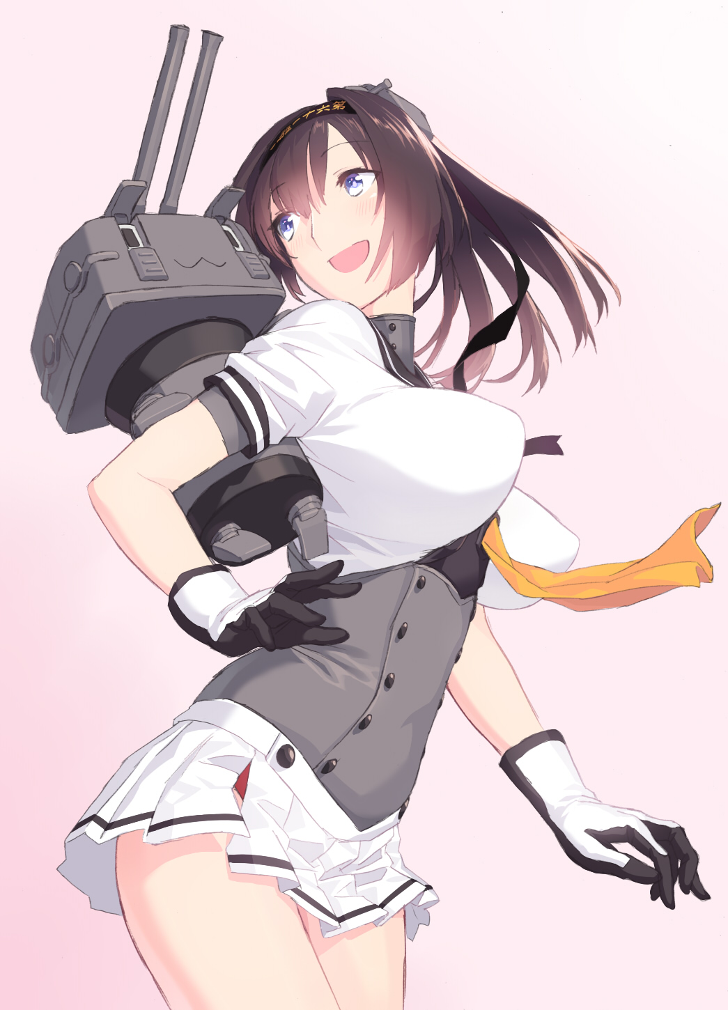 1girl :d akizuki_(kantai_collection) black_hair blew_andwhite blue_eyes breasts chou-10cm-hou-chan cowboy_shot eyebrows_visible_through_hair gloves gradient gradient_background hairband headband highres impossible_clothes impossible_shirt kantai_collection large_breasts miniskirt open_mouth panties pink_background pleated_skirt ponytail red_panties sailor_collar shirt short_sleeves side_slit simple_background skirt smile solo turtleneck underbust underwear