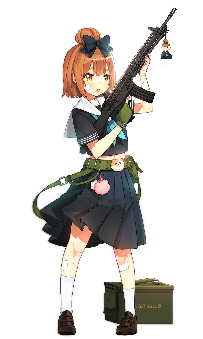 1girl assault_rifle ayami_(annahibi) bandaid_on_cheek bangs belt blue_skirt brown_hair commentary_request cowboy_shot fingerless_gloves gloves green_belt green_gloves gun hair_between_eyes hair_ribbon highres holding holding_gun holding_weapon howa_type_89 looking_at_viewer military original pouch ribbon rifle school_uniform short_hair simple_background skirt solo tied_hair uniform weapon white_background yellow_eyes