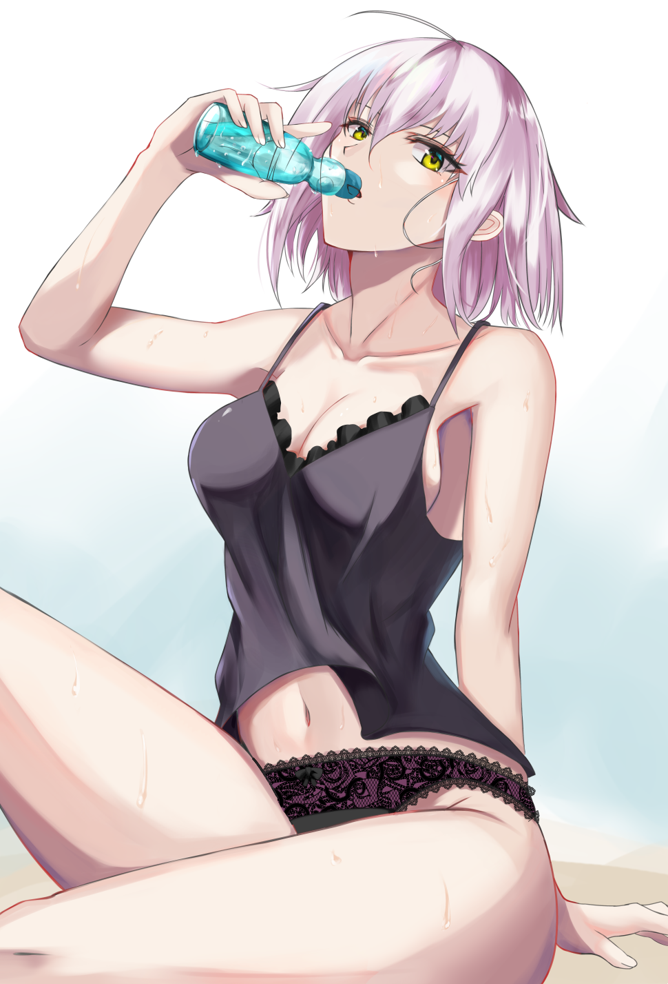 1girl ahoge black_panties blush bottle breasts camisole cleavage collarbone ears fate/grand_order fate_(series) highres holding holding_bottle jeanne_alter large_breasts looking_at_viewer navel panties parted_lips ruler_(fate/apocrypha) short_hair sideboob sitting solo water_bottle white_hair yami_kyon_oov yellow_eyes