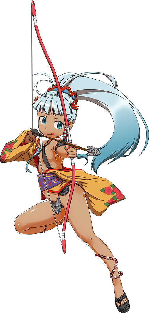 1girl bangs bare_shoulders blue_eyes blue_hair blunt_bangs bow_(weapon) dark_skin feet from_behind full_body hair_ornament holding holding_bow_(weapon) holding_weapon official_art oshiro_project oshiro_project_re ponytail takatsu_keita toes tongue tongue_out transparent_background urasoe_(oshiro_project) weapon