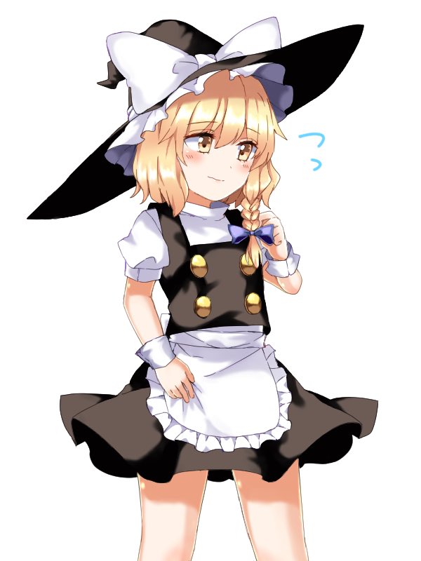 1girl :| apron blonde_hair blush bow braid closed_mouth commentary embarrassed flying_sweatdrops hair_bow hair_ribbon hat hat_bow kirisame_marisa looking_away miniskirt puffy_short_sleeves puffy_sleeves ribbon short_hair short_sleeves shy side_braid single_braid skirt solo touhou tress_ribbon vest waist_apron witch_hat wrist_cuffs yellow_eyes yururi_nano