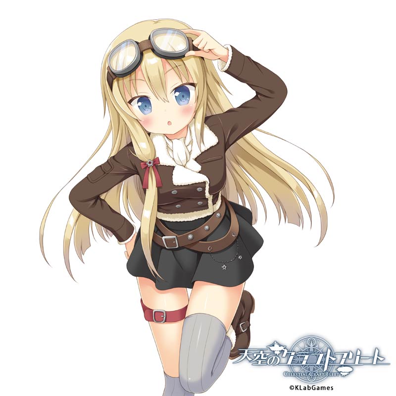 1girl :o adjusting_goggles arm_up asymmetrical_legwear bangs black_skirt blazer blonde_hair blue_eyes blush boots breasts brown_belt brown_boots commentary_request copyright_name cowboy_shot crossed_belts fur-trimmed_boots fur_trim goggles goggles_on_head grey_legwear hair_between_eyes hair_ribbon hand_on_hip jacket kaiware-san leg_up long_hair long_sleeves looking_at_viewer medium_breasts miniskirt official_art open_mouth red_ribbon ribbon skirt solo standing standing_on_one_leg tenkuu_no_craft_fleet thigh_strap tsurime