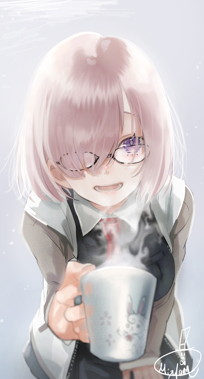 blurry coffee_mug depth_of_field fate/grand_order fate_(series) foreshortening glasses hair_over_one_eye highres leaning_forward looking_at_viewer mizutame_tori necktie open_mouth pink_hair pov reaching_out shielder_(fate/grand_order) short_hair signature smile steam teeth violet_eyes