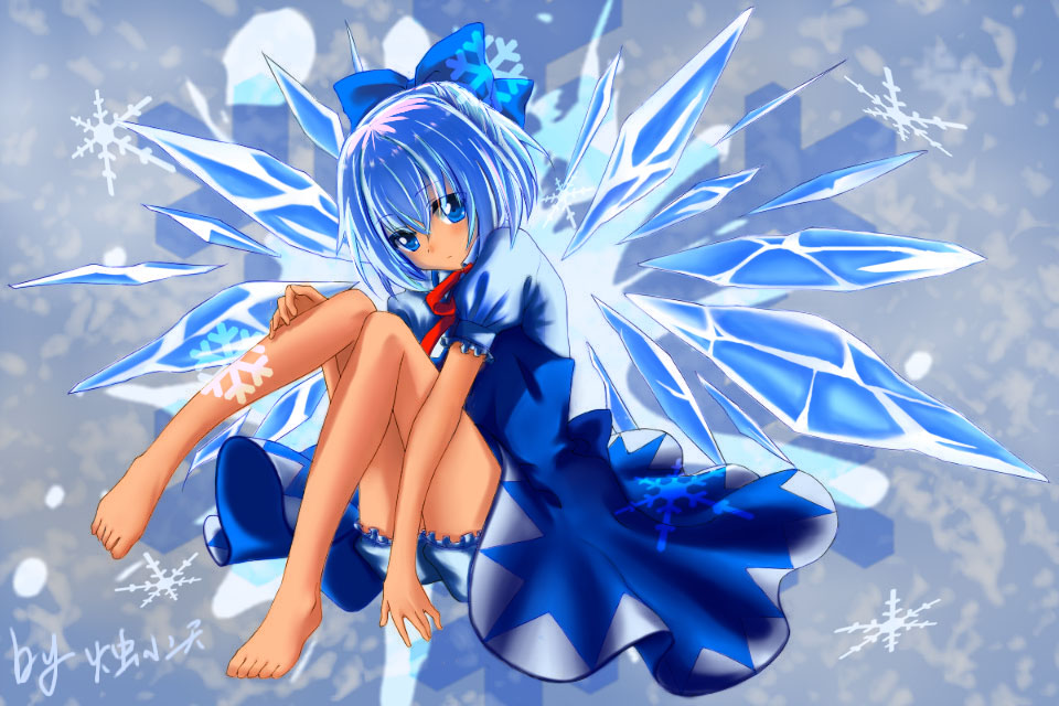 1girl barefoot blue_bow blue_eyes blue_hair blush bow cirno closed_mouth dark_skin eyebrows_visible_through_hair hair_bow ice ice_wings looking_at_viewer short_hair snowflakes solo touhou wings zhu_xiao_tian_crazy