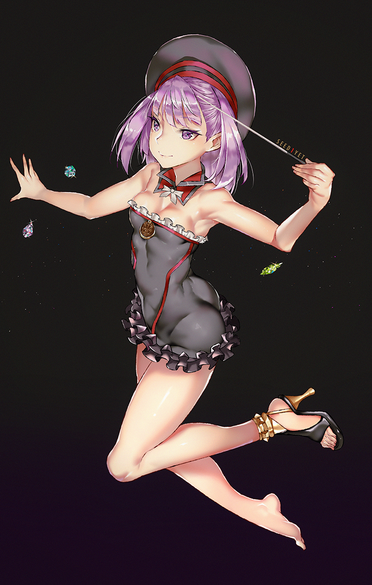 1girl bare_shoulders barefoot black_background breasts cleavage fate_(series) feet hat helena_blavatsky_(fate/grand_order) high_heels legs long_hair midair pointer purple_hair simple_background single_shoe small_breasts solo thighs viola_(seed) violet_eyes