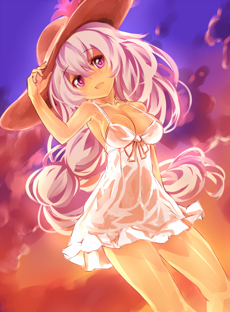 1girl breasts clouds cowboy_shot dress flower_knight_girl hat hototogisu_(flower_knight_girl) keikotsu lavender_hair long_hair looking_at_viewer medium_breasts sky smile solo sun_hat sundress sunset violet_eyes