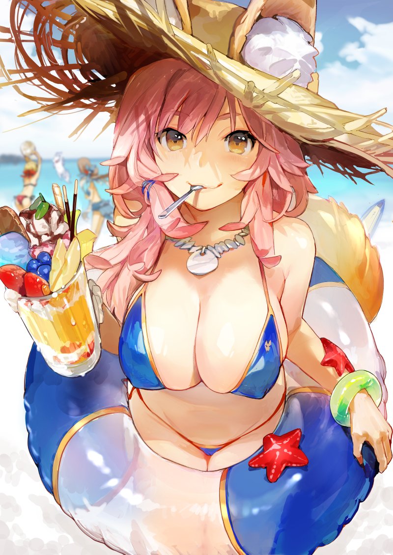 3girls :3 animal_ears bikini blue_bikini blue_ribbon blurry blurry_background bracelet breasts cleavage clouds cloudy_sky covered_nipples day drink fate/extra fate/grand_order fate_(series) food fou_(fate/grand_order) fox_ears fox_tail fruit hair_ribbon hat innertube jewelry jpeg_artifacts large_breasts leaning_forward long_hair looking_at_viewer marie_antoinette_(fate/grand_order) marie_antoinette_(swimsuit_caster)_(fate) mordred_(fate) mordred_(fate)_(all) mordred_(swimsuit_rider)_(fate) mouth_hold multiple_girls necklace ocean outdoors pink_hair ribbon side-tie_bikini sky smile solo_focus souji_hougu spoon starfish straw_hat strawberry summer sun_hat swimsuit tagme tail tamamo_(fate)_(all) tamamo_no_mae_(swimsuit_lancer)_(fate) yellow_eyes