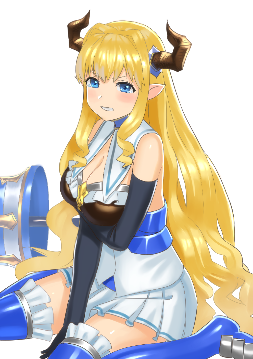 1girl bangs between_legs blonde_hair blue_choker blue_eyes blue_gloves blue_legwear blush breast_squeeze breasts choker cleavage commentary doraf elbow_gloves full_body gloves granblue_fantasy hand_between_legs highres horn_ornament horns large_breasts long_hair looking_at_viewer pointy_ears razia scowl simple_background sitting solo tears thigh-highs thighs very_long_hair wariza wasabi60 white_background