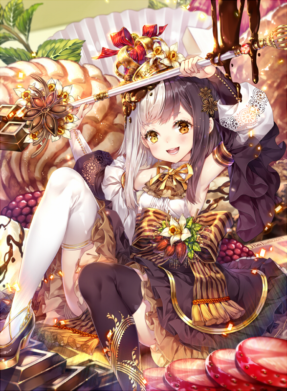 1girl :d arms_up ascot black_hair black_legwear black_skirt blurry breasts candy chocolate chocolate_bar cocoa_bean commentary crown depth_of_field detached_sleeves flower food frilled_skirt frills fruit hair_ornament heterochromia hieihirai holding holding_staff knees_up lace leaf light_particles long_sleeves looking_at_viewer mismatched_legwear multicolored_hair open_mouth orange_eyes original petticoat ribbon shoes sidelocks sitting skirt small_breasts smile solo staff strawberry striped striped_ribbon tassel thigh-highs two-tone_hair white_hair white_legwear yellow_eyes