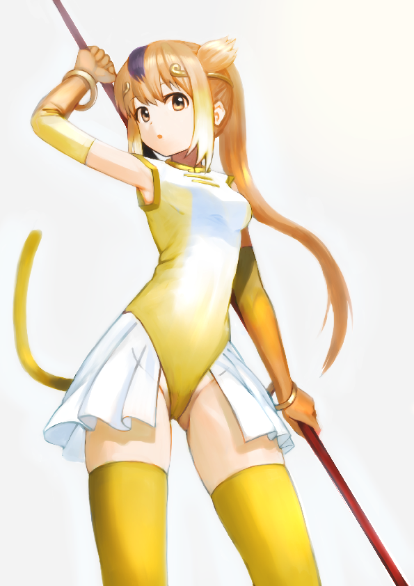 1girl :o breasts brown_hair elbow_gloves from_below gloves golden_snub-nosed_monkey_(kemono_friends) gradient gradient_background gradient_gloves grey_background highleg highleg_leotard holding holding_staff kemono_friends leotard long_hair looking_at_viewer looking_down monkey_tail multicolored_hair open_mouth orange_gloves ponytail purple_hair small_breasts solo staff tail thigh-highs wasabi60 yellow_legwear yellow_leotard yellow_tail