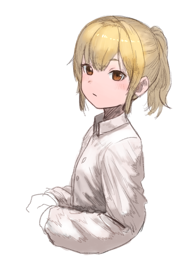 1girl bangs blonde_hair blush breasts brown_hair close-up dot_nose dress_shirt flat_chest looking_at_viewer medium_breasts medium_hair original ponytail shirt simple_background sketch solo wasabi60 white_background white_clothes