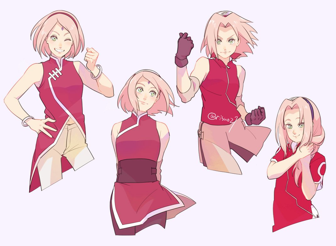 1girl ;d antenna_hair bangle bangs bike_shorts blush boruto:_naruto_next_generations bracelet cropped_legs dress facial_mark forehead_mark gloves green_eyes hairband haruno_sakura jewelry long_hair looking_at_viewer mature naruto navel one_eye_closed open_mouth pants parted_bangs pink_hair risuo short_hair short_sleeves simple_background sleeveless sleeveless_dress smile solo_focus teenage white_background white_pants younger