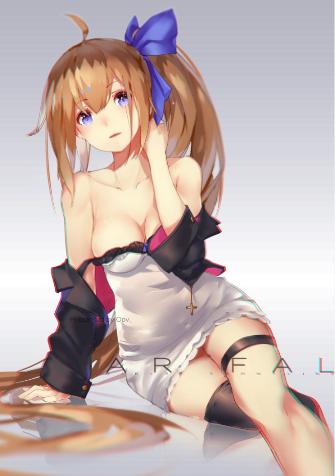 1girl arm_support artist_name bangs bare_shoulders blonde_hair breasts camisole character_name cleavage collarbone commentary_request copyright_name cross fal_(girls_frontline) girls_frontline gradient gradient_background hand_on_own_shoulder head_tilt jacket legs_crossed long_hair looking_at_viewer medium_breasts off_shoulder open_mouth openvl side_ponytail single_thighhigh sitting solo strap_slip thigh-highs thigh_strap very_long_hair violet_eyes