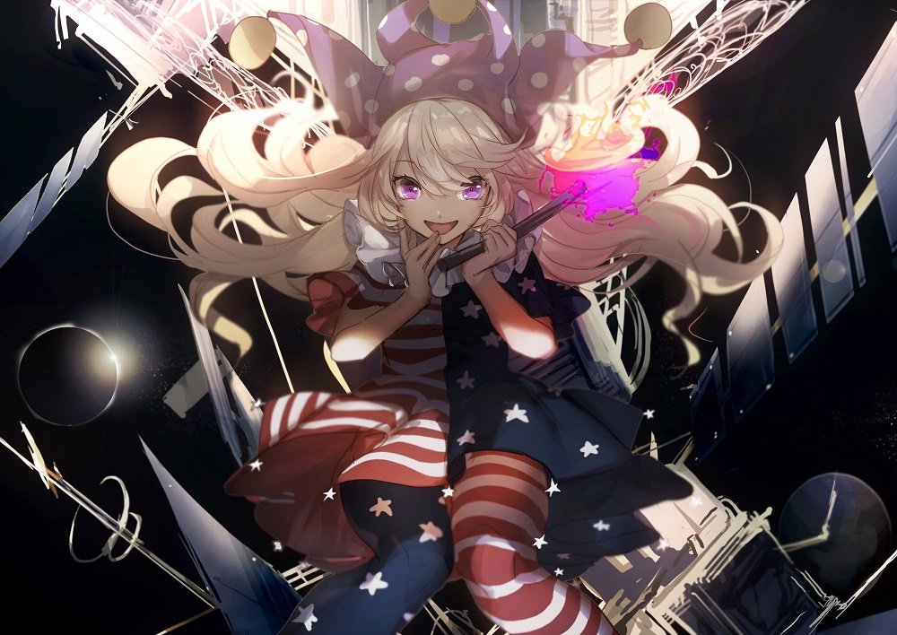 1girl american_flag_dress american_flag_legwear bangs blonde_hair clownpiece dress eclipse fairy_wings fire floating_hair hat jester_cap long_hair looking_at_viewer neck_ruff no-kan open_mouth pantyhose polka_dot short_dress short_sleeves smile solo space star star_print striped tagme torch touhou violet_eyes wings