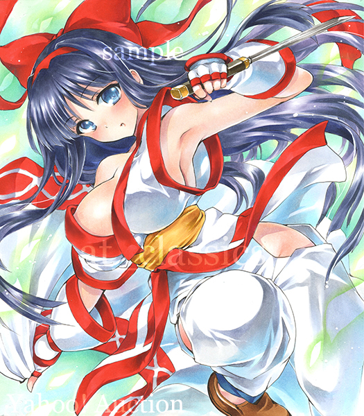 1girl armpits artist_name at_classics bangs blue_eyes blue_hair blush bow breasts brown_shoes dutch_angle eyebrows_visible_through_hair fingerless_gloves gloves hair_bow hairband hip_vent holding holding_knife holding_weapon knife large_breasts long_hair looking_at_viewer nakoruru parted_lips red_bow sample samurai_spirits shoes short_sleeves solo traditional_media watermark weapon