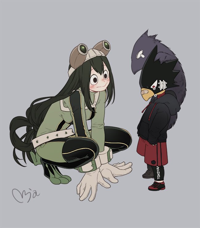 10s 1boy 1girl animal_head asui_tsuyu bird black_eyes black_hair bodysuit boku_no_hero_academia breasts frog_girl gloves green_bodysuit long_hair long_tongue low-tied_long_hair red_eyes shadow smile tears tokoyami_fumikage tongue tongue_out younger