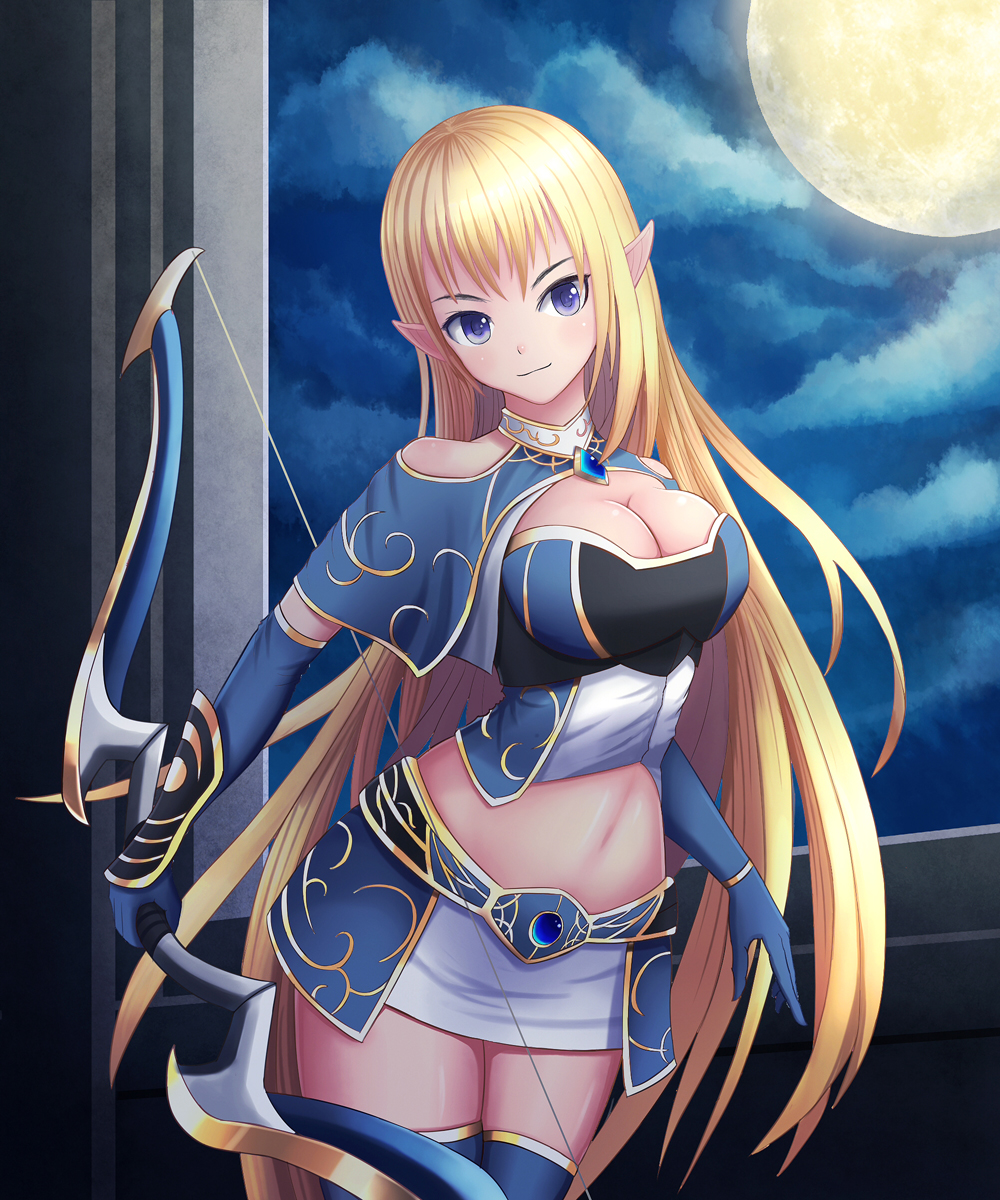 1girl black_legwear blonde_hair blue_eyes blue_gloves blush bow_(weapon) breasts cleavage closed_mouth elbow_gloves elf gloves highres holding holding_bow_(weapon) holding_weapon large_breasts long_hair looking_at_viewer moon navel night original pointy_ears smile solo thigh-highs weapon yclok