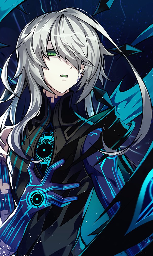 1boy ainchase_ishmael corruption cracked_skin elsword expressionless green_eyes green_tongue grey_hair hand_on_own_chest hwansang long_hair markings pale_skin purple_skin ringed_eyes solo