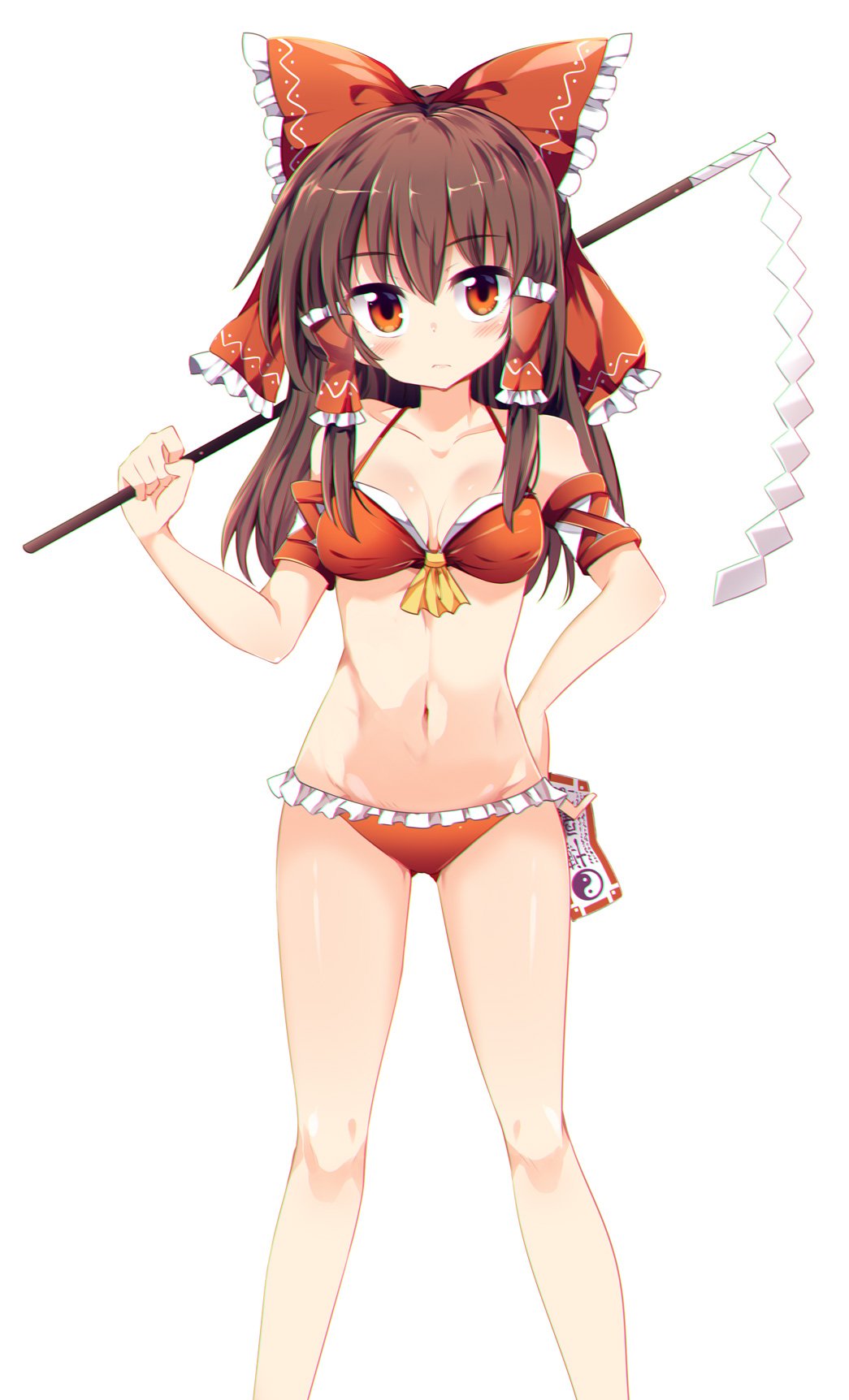 1girl bangs bare_legs bikini blush bow breasts brown_hair cleavage eyebrows_visible_through_hair gohei hair_bow hair_tubes hakurei_reimu hand_on_hip highres long_hair looking_at_viewer maturiuta_sorato medium_breasts navel orange_eyes red_bikini red_bow shide sidelocks simple_background solo standing stomach swimsuit touhou white_background