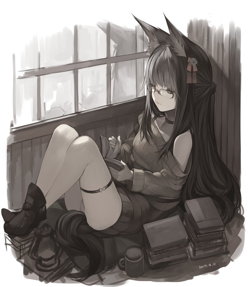 1girl animal_ears bangs black-framed_eyewear black_hair book book_stack boots closed_mouth cup dated expressionless fox_ears glasses grey half_updo indoors long_hair mug off-shoulder_sweater off_shoulder open_book original rayvon reading sidelocks sitting solo sweater thigh_strap thighs window