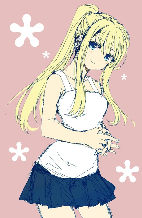 1girl blonde_hair blue_eyes blush earrings eyebrows_visible_through_hair floral_background flower fullmetal_alchemist interlocked_fingers jewelry long_hair looking_at_viewer pink_background ponytail shirt simple_background skirt smile solo_focus tsukuda0310 white_shirt winry_rockbell