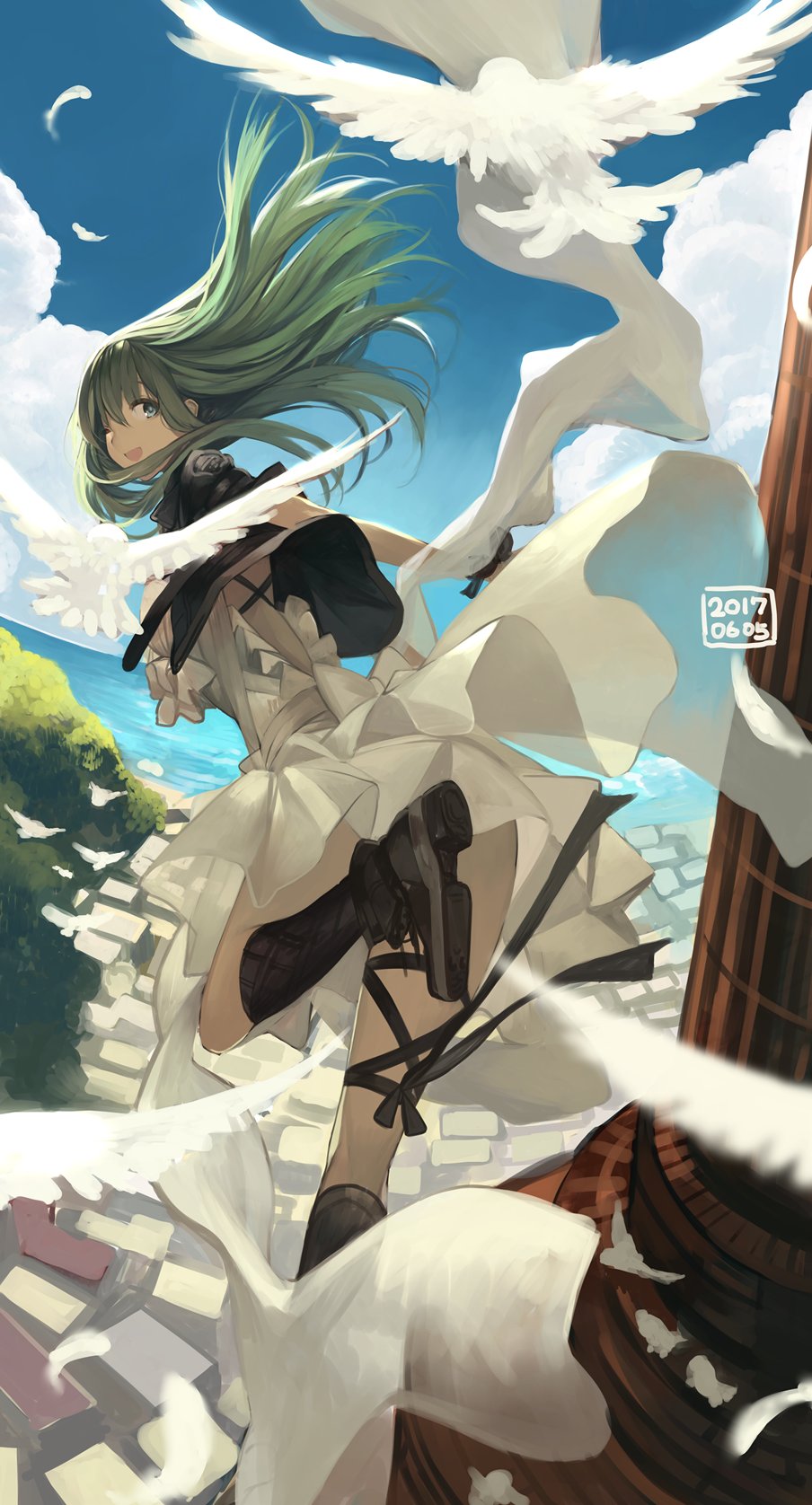 1girl bangs bird black_legwear blurry boots city dated day depth_of_field dove dress dutch_angle feathers from_behind green_eyes green_hair highres kneehighs leg_up long_hair looking_at_viewer looking_back open_mouth original outdoors rayvon smile solo white_dress