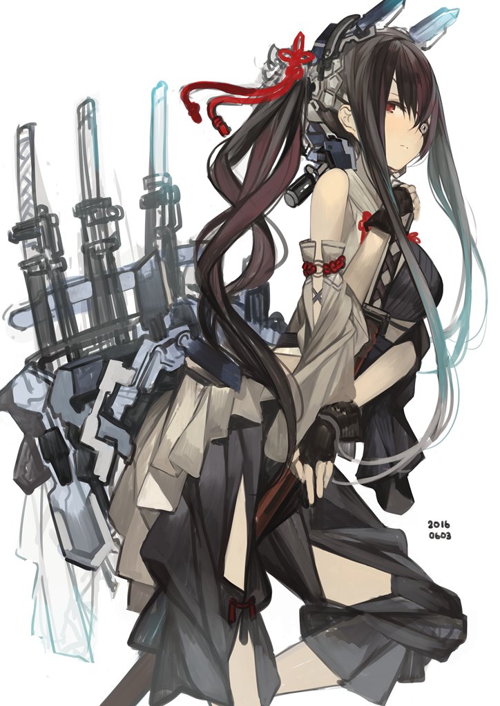 1girl bangs black_gloves black_hair breasts closed_mouth dated detached_sleeves fingerless_gloves gloves hand_up headgear holding knee_up long_hair looking_at_viewer mecha_musume medium_breasts original ponytail rayvon red_eyes sidelocks simple_background sketch solo very_long_hair white_background