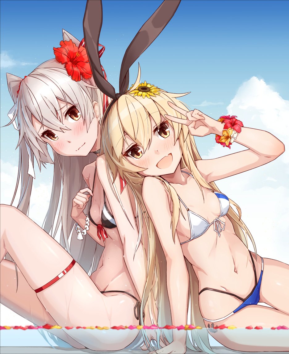 2girls :d amatsukaze_(kantai_collection) arm_support ass_visible_through_thighs bikini black_bikini blonde_hair blue_sky blush bracelet breasts brown_eyes cleavage closed_mouth clouds cloudy_sky day eyebrows_visible_through_hair fang flower front-tie_bikini front-tie_top hair_between_eyes hair_flower hair_ornament hair_ribbon hairband jewelry kantai_collection layered_bikini leaning long_hair looking_at_viewer multiple_girls navel open_mouth outdoors ribbon shimakaze_(kantai_collection) sidelocks silver_hair sky small_breasts smile sweat swimsuit takanashi_kei_(hitsujikan) thigh_strap two_side_up v very_long_hair