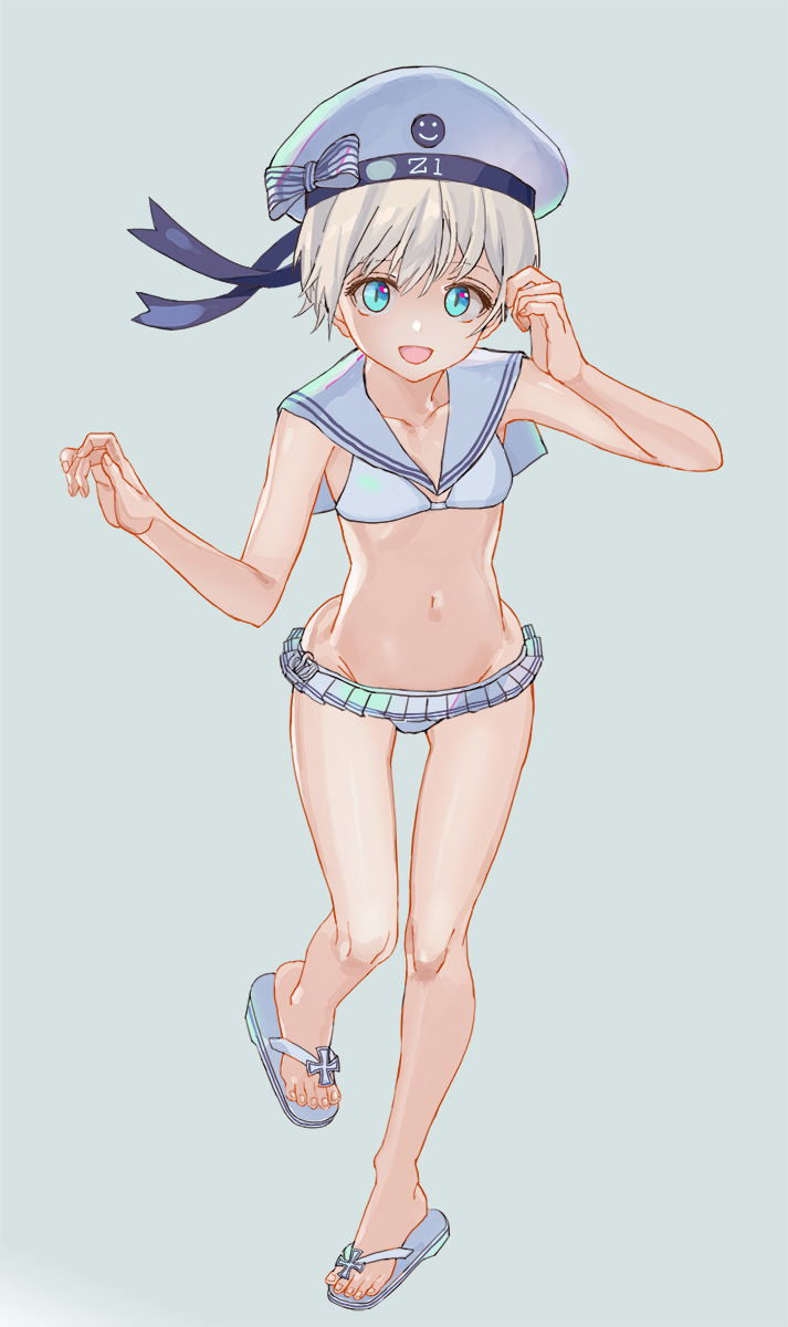 1girl bikini bikini_skirt blue_background blue_eyes clothes_writing frilled_bikini frills full_body hat highres iron_cross kantai_collection looking_at_viewer lowleg lowleg_bikini open_mouth ruisento sailor_bikini sailor_collar sailor_hat sandals short_hair silver_hair solo swimsuit thigh_gap white_bikini white_hat z1_leberecht_maass_(kantai_collection)