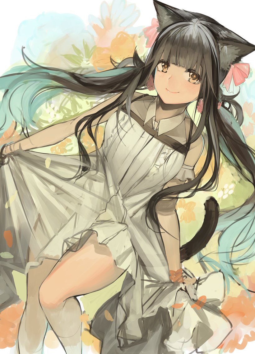 1girl animal_ears bangs black_hair blunt_bangs cat_ears cat_tail closed_mouth collared_dress dress floral_background flower frills green_eyes hair_flower hair_ornament hair_scrunchie holding_skirt jewelry kneehighs long_hair looking_at_viewer low_twintails one_leg_raised original pendant petals rayvon scrunchie sidelocks sleeveless sleeveless_dress smile solo tail twintails white_legwear wristband