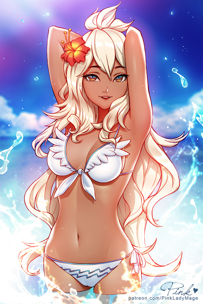 1girl armpits arms_behind_head arms_up artist_name bangs bare_arms bikini blue_sky breasts brown_eyes brown_lipstick cleavage clouds cloudy_sky collarbone cowboy_shot cowlick day eyebrows_visible_through_hair eyelashes flower front-tie_bikini front-tie_top granblue_fantasy grey_hair groin hair_between_eyes hair_flower hair_ornament half-closed_eyes heart hibiscus lipstick long_hair looking_at_viewer makeup medium_breasts midriff navel ocean outdoors parted_lips partially_submerged patreon_username pink_lady_mage red_flower side-tie_bikini sky smile solo splashing standing swimsuit teeth the_order_grande upper_teeth very_long_hair water water_drop watermark web_address white_bikini