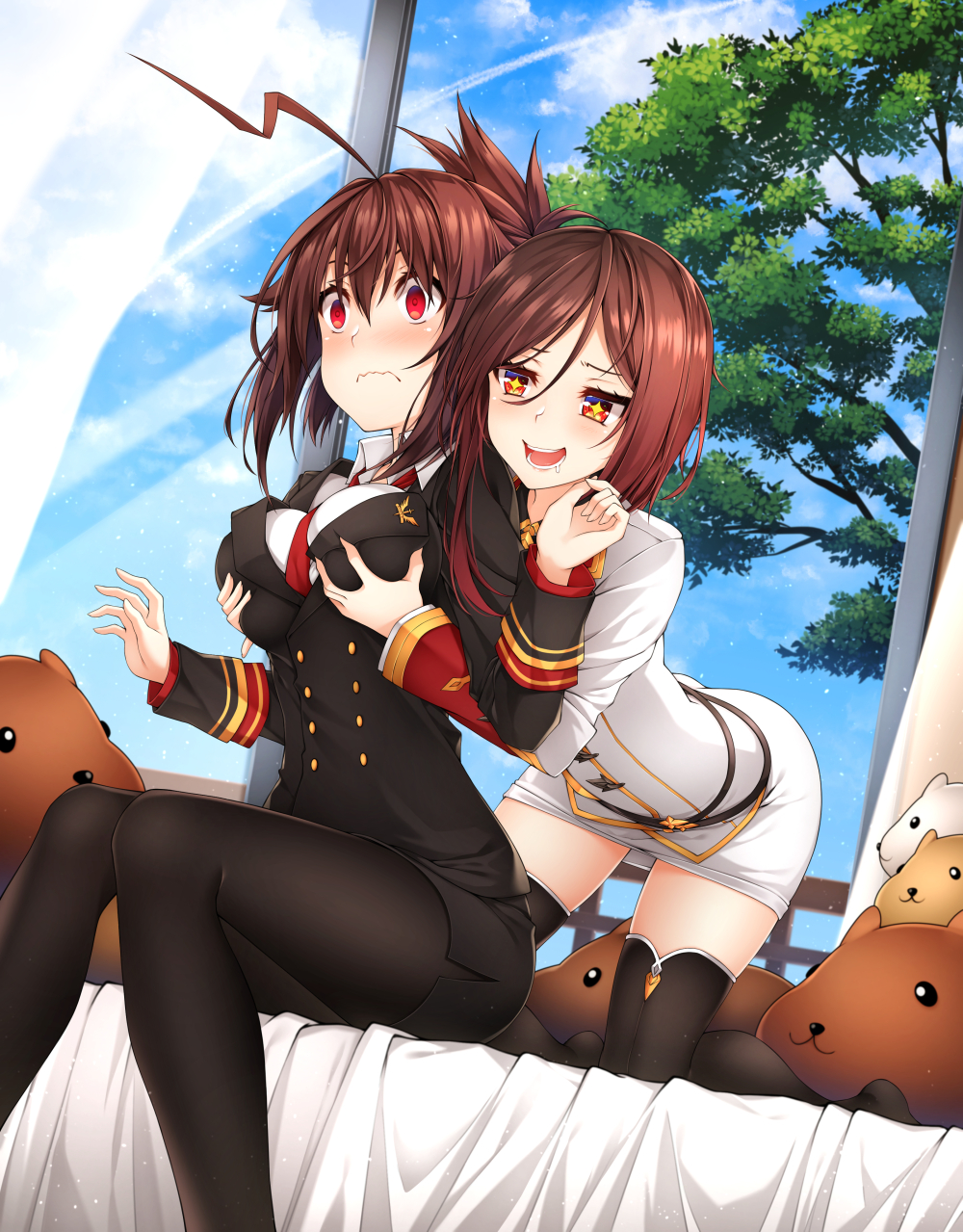 +_+ 2girls :d ahoge bent_over black_legwear black_suit blue_sky blush breast_grab breasts brown_hair capybara commentary_request day drooling dutch_angle formal grabbing grabbing_from_behind hair_between_eyes healther highres huge_ahoge indoors kneeling large_breasts long_hair long_sleeves military multiple_girls necktie on_bed open_mouth original pantyhose red_eyes red_necktie sitting sky smile stuffed_animal stuffed_toy suit surprised thigh-highs tree wavy_mouth white_suit wide-eyed window yuri