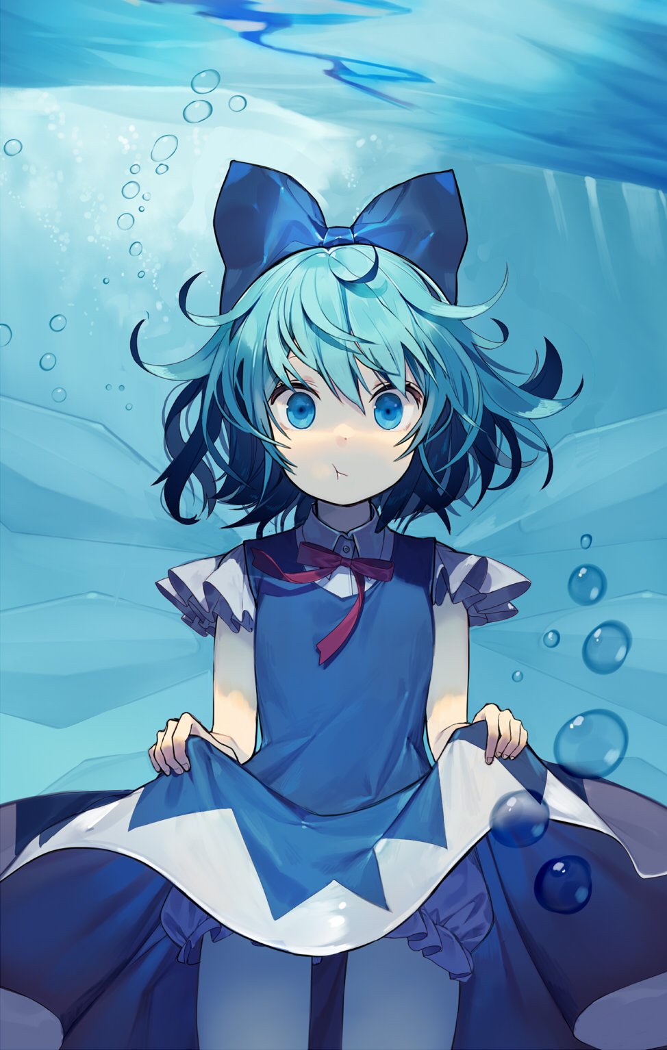 1girl :t air_bubble bangs bare_arms bloomers blue_bow blue_dress blue_eyes blue_hair bow cirno closed_mouth cowboy_shot dress dress_lift hair_bow highres ice ice_wings lifted_by_self looking_at_viewer misoni_comi short_hair short_sleeves solo touhou underwater underwear wings