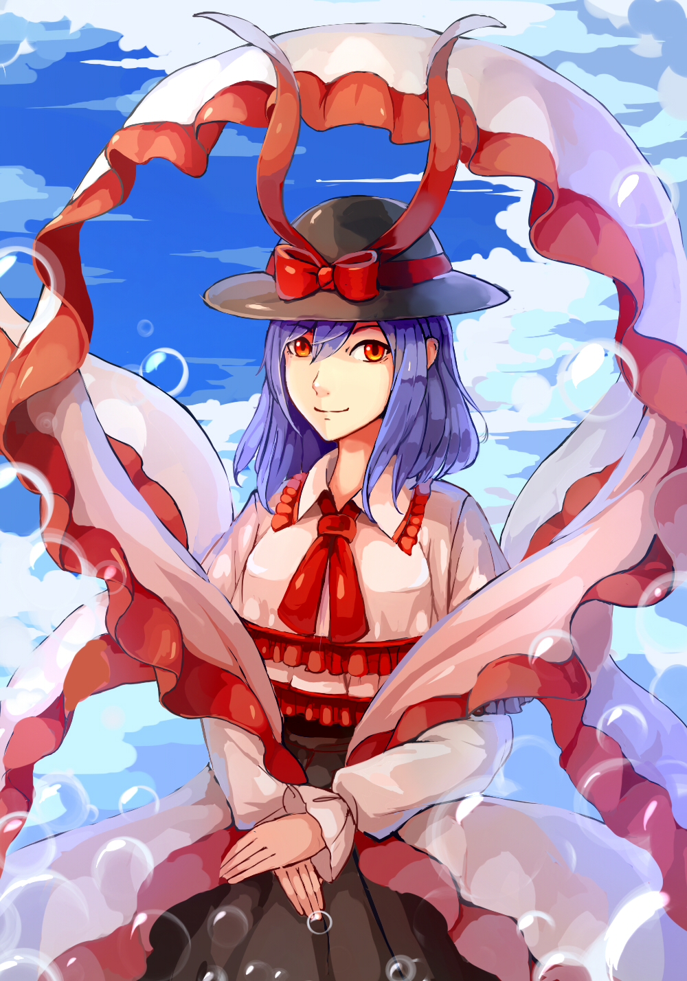 1girl blue_hair blue_sky bubble clouds dress hagoromo hands_on_lap hands_together hat hat_ribbon highres layered_dress long_sleeves looking_at_viewer nagae_iku red_eyes ribbon shawl short_hair sky smile solo touhou yuren