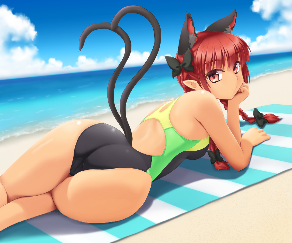 1girl alternate_costume animal_ears ass bangs bare_arms bare_legs bare_shoulders beach beach_towel black_bow blue_sky blush bow braid breasts cat_ears cat_tail clouds cloudy_sky commentary competition_swimsuit day extra_ears gomi_(gomitin) hair_bow kaenbyou_rin looking_at_viewer multiple_tails ocean one-piece_swimsuit outdoors pointy_ears short_hair_with_long_locks sky small_breasts smile solo striped swimsuit tail tan thighs touhou towel twin_braids two_tails