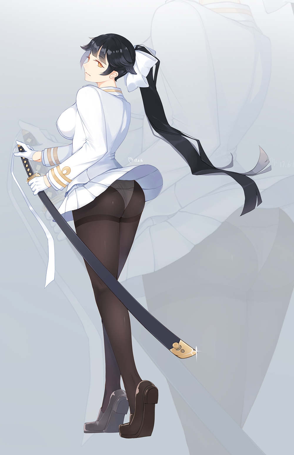 1girl ass back bangs bilan_hangxian black_hair blunt_bangs breasts brown_legwear brown_shoes closed_mouth commentary_request dated eyebrows_visible_through_hair from_behind full_body glint gloves half_gloves highres holding holding_sword holding_weapon katana loafers long_hair long_sleeves looking_at_viewer looking_back medium_breasts military military_uniform miniskirt panties panties_under_pantyhose pantyhose pantyshot pantyshot_(standing) pleated_skirt ponytail scabbard sheath sheathed shoes skirt solo standing sword takao_(bilan_hangxian) thighband_pantyhose thighs tiptoes tsurime underwear uniform upskirt very_long_hair weapon white_gloves white_panties white_skirt yellow_eyes yueguang_zhanglang