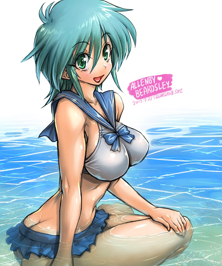 1girl allenby_beardsley amania_orz ass bikini blue_hair breasts butt_crack character_name commentary_request dated eyebrows_visible_through_hair eyes_visible_through_hair frilled_bikini frills from_behind g_gundam green_eyes gundam heart large_breasts looking_at_viewer looking_back open_mouth partially_submerged sailor_collar shiny shiny_clothes shiny_hair shiny_skin short_hair sitting smile solo swimsuit twisted_torso water